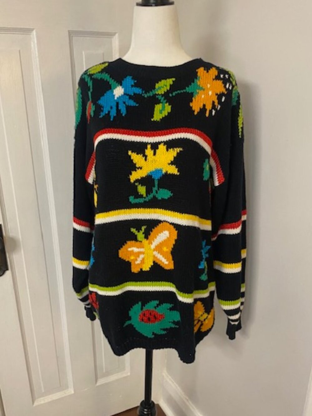 Vintage Joye + Fun Sweater butterfly bee Colourful Black Small long Cotton Blend